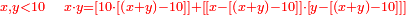 \scriptstyle{\color{red}{x,y<10\quad x\sdot y=\left[10\sdot\left[\left(x+y\right)-10\right]\right]+\left[\left[x-\left[\left(x+y\right)-10\right]\right]\sdot\left[y-\left[\left(x+y\right)-10\right]\right]\right]}}