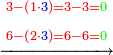 \scriptstyle\xrightarrow{\begin{align}&\scriptstyle{\color{red}{3-\left(1\sdot{\color{blue}{3}}\right)=3-3={\color{green}{0}}}}\\&\scriptstyle{\color{red}{6-\left(2\sdot{\color{blue}{3}}\right)=6-6={\color{green}{0}}}}\\\end{align}}