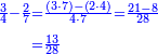 \scriptstyle{\color{blue}{\begin{align}\scriptstyle\frac{3}{4}-\frac{2}{7}&\scriptstyle=\frac{\left(3\sdot7\right)-\left(2\sdot4\right)}{4\sdot7}=\frac{21-8}{28}\\&\scriptstyle=\frac{13}{28}\\\end{align}}}