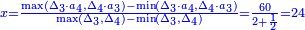 \scriptstyle{\color{blue}{x=\frac{\max(\Delta_3\sdot a_4,\Delta_4\sdot a_3)-\min(\Delta_3\sdot a_4,\Delta_4\sdot a_3)}{\max(\Delta_3,\Delta_4)-\min(\Delta_3,\Delta_4)}=\frac{60}{2+\frac{1}{2}}=24}}