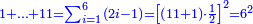 \scriptstyle{\color{blue}{1+\ldots+11=\sum_{i=1}^{6} \left(2i-1\right)=\left[\left(11+1\right)\sdot\frac{1}{2}\right]^2=6^2}}