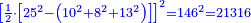 \scriptstyle{\color{blue}{\left[\frac{1}{2}\sdot\left[25^2-\left(10^2+8^2+13^2\right)\right]\right]^2=146^2=21316}}