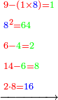 \scriptstyle\xrightarrow{\begin{align}&\scriptstyle{\color{red}{9-\left(1\times{\color{blue}{8}}\right)=}}{\color{green}{1}}\\&\scriptstyle{\color{red}{{\color{blue}{8}}^2=}}{\color{green}{64}}\\&\scriptstyle{\color{red}{6-{\color{green}{4}}=}}{\color{green}{2}}\\&\scriptstyle{\color{red}{14-{\color{green}{6}}=}}{\color{green}{8}}\\&\scriptstyle{\color{red}{2\sdot8=}}{\color{blue}{16}}\\\end{align}}