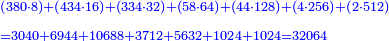 \scriptstyle{\color{blue}{\begin{align}&\scriptstyle\left(380\sdot8\right)+\left(434\sdot16\right)+\left(334\sdot32\right)+\left(58\sdot64\right)+\left(44\sdot128\right)+\left(4\sdot256\right)+\left(2\sdot512\right)\\&\scriptstyle=3040+6944+10688+3712+5632+1024+1024=32064\\\end{align}}}