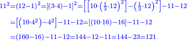\scriptstyle{\color{blue}{\begin{align}\scriptstyle11^2&\scriptstyle=\left(12-1\right)^2=\left[\left(3\sdot4\right)-1\right]^2=\left[\left[10\sdot\left(\frac{1}{3}\sdot12\right)^2\right]-\left(\frac{1}{3}\sdot12\right)^2\right]-11-12\\&\scriptstyle=\left[\left(10\sdot4^2\right)-4^2\right]-11-12=\left[\left(10\sdot16\right)-16\right]-11-12\\&\scriptstyle=\left(160-16\right)-11-12=144-12-11=144-23=121\\\end{align}}}