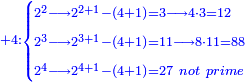 \scriptstyle{\color{blue}{+4:\begin{cases}\scriptstyle2^2\longrightarrow2^{2+1}-\left(4+1\right)=3\longrightarrow4\sdot3=12\\\scriptstyle2^3\longrightarrow2^{3+1}-\left(4+1\right)=11\longrightarrow8\sdot11=88\\\scriptstyle2^4\longrightarrow2^{4+1}-\left(4+1\right)=27\ not\ prime\end{cases}}}