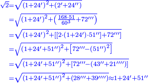 {\color{blue}{\begin{align}\scriptstyle\sqrt{2}&\scriptstyle=\sqrt{\left(1+24^\prime\right)^2+\left(2^\prime+24^{\prime\prime}\right)}\\&\scriptstyle=\sqrt{\left(1+24^\prime\right)^2+\left(\frac{168\sdot51}{60^3}+72^{\prime\prime\prime}\right)}\\&\scriptstyle=\sqrt{\left(1+24^\prime\right)^2+\left[\left[2\sdot\left(1+24^\prime\right)\sdot51^{\prime\prime}\right]+72^{\prime\prime\prime}\right]}\\&\scriptstyle=\sqrt{\left(1+24^\prime+51^{\prime\prime}\right)^2+\left[72^{\prime\prime\prime}-\left(51^{\prime\prime}\right)^2\right]}\\&\scriptstyle=\sqrt{\left(1+24^\prime+51^{\prime\prime}\right)^2+\left[72^{\prime\prime\prime}-\left(43^{\prime\prime}+21^{\prime\prime\prime\prime}\right)\right]}\\&\scriptstyle=\sqrt{\left(1+24^\prime+51^{\prime\prime}\right)^2+\left(28^{\prime\prime\prime}+39^{\prime\prime\prime\prime}\right)}\approx1+24^\prime+51^{\prime\prime}\\\end{align}}}