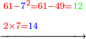 \scriptstyle\xrightarrow{\begin{align}&\scriptstyle{\color{red}{61-{\color{blue}{7}}^2=61-49=}}{\color{green}{12}}\\&\scriptstyle{\color{red}{2\times7=}}{\color{blue}{14}}\\\end{align}}