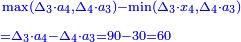 \scriptstyle{\color{blue}{\begin{align}&\scriptstyle\max(\Delta_3\sdot a_4,\Delta_4\sdot a_3)-\min(\Delta_3\sdot x_4,\Delta_4\sdot a_3)\\&\scriptstyle=\Delta_3\sdot a_4-\Delta_4\sdot a_3=90-30=60\\\end{align}}}