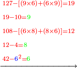 \scriptstyle\xrightarrow{\begin{align}&\scriptstyle{\color{red}{127-\left[\left(9\times6\right)+\left(6\times9\right)\right]=19}}\\&\scriptstyle{\color{red}{19-10=}}{\color{green}{9}}\\&\scriptstyle{\color{red}{108-\left[\left(6\times8\right)+\left(8\times6\right)\right]=12}}\\&\scriptstyle{\color{red}{12-4=}}{\color{green}{8}}\\&\scriptstyle{\color{red}{42-{\color{blue}{6}}^2=}}{\color{green}{6}}\\\end{align}}