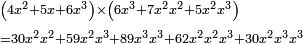 \scriptstyle\begin{align}&\scriptstyle\left(4x^2+5x+6x^3\right)\times\left(6x^3+7x^2x^2+5x^2x^3\right)\\&\scriptstyle=30x^2x^2+59x^2x^3+89x^3x^3+62x^2x^2x^3+30x^2x^3x^3\\\end{align}