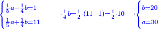\scriptstyle{\color{blue}{\begin{cases}\scriptstyle\frac{1}{5}a-\frac{1}{4}b=1\\\scriptstyle\frac{1}{5}a+\frac{1}{4}b=11\end{cases}\scriptstyle\longrightarrow\frac{1}{4}b=\frac{1}{2}\sdot\left(11-1\right)=\frac{1}{2}\sdot10\longrightarrow\begin{cases}\scriptstyle b=20\\\scriptstyle a=30\end{cases}}}