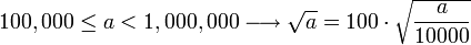 100,000\le a<1,000,000\longrightarrow\sqrt{a}=100\sdot\sqrt{\frac{a}{10000}}