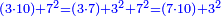 \scriptstyle{\color{blue}{\left(3\sdot10\right)+7^2=\left(3\sdot7\right)+3^2+7^2=\left(7\sdot10\right)+3^2}}