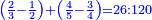 \scriptstyle{\color{blue}{\left(\frac{2}{3}-\frac{1}{2}\right)+\left(\frac{4}{5}-\frac{3}{4}\right)=26:120}}