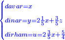 \scriptstyle{\color{blue}{\begin{cases}\scriptstyle davar=x\\\scriptstyle dinar=y=2\frac{1}{5}x+\frac{3}{5}z\\\scriptstyle dirham=u=2\frac{3}{5}x+\frac{5}{4}\end{cases}}}