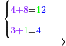 \scriptstyle\xrightarrow{\begin{cases}\scriptstyle{\color{Purple}{4+8}}={\color{green}{1}}{\color{blue}{2}}\\\scriptstyle{\color{Purple}{3+}}{\color{green}{1}}={\color{blue}{4}}\end{cases}}
