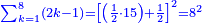 \scriptstyle{\color{blue}{\sum_{k=1}^{8} \left(2k-1\right)=\left[\left(\frac{1}{2}\sdot15\right)+\frac{1}{2}\right]^2=8^2}}