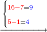 \scriptstyle\xrightarrow{\begin{cases}\scriptstyle{\color{red}{16-7}}={\color{blue}{9}}\\\scriptstyle{\color{red}{5-1}}={\color{blue}{4}}\end{cases}}