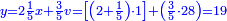 \scriptstyle{\color{blue}{y=2\frac{1}{5}x+\frac{3}{5}v=\left[\left(2+\frac{1}{5}\right)\sdot1\right]+\left(\frac{3}{5}\sdot28\right)=19}}